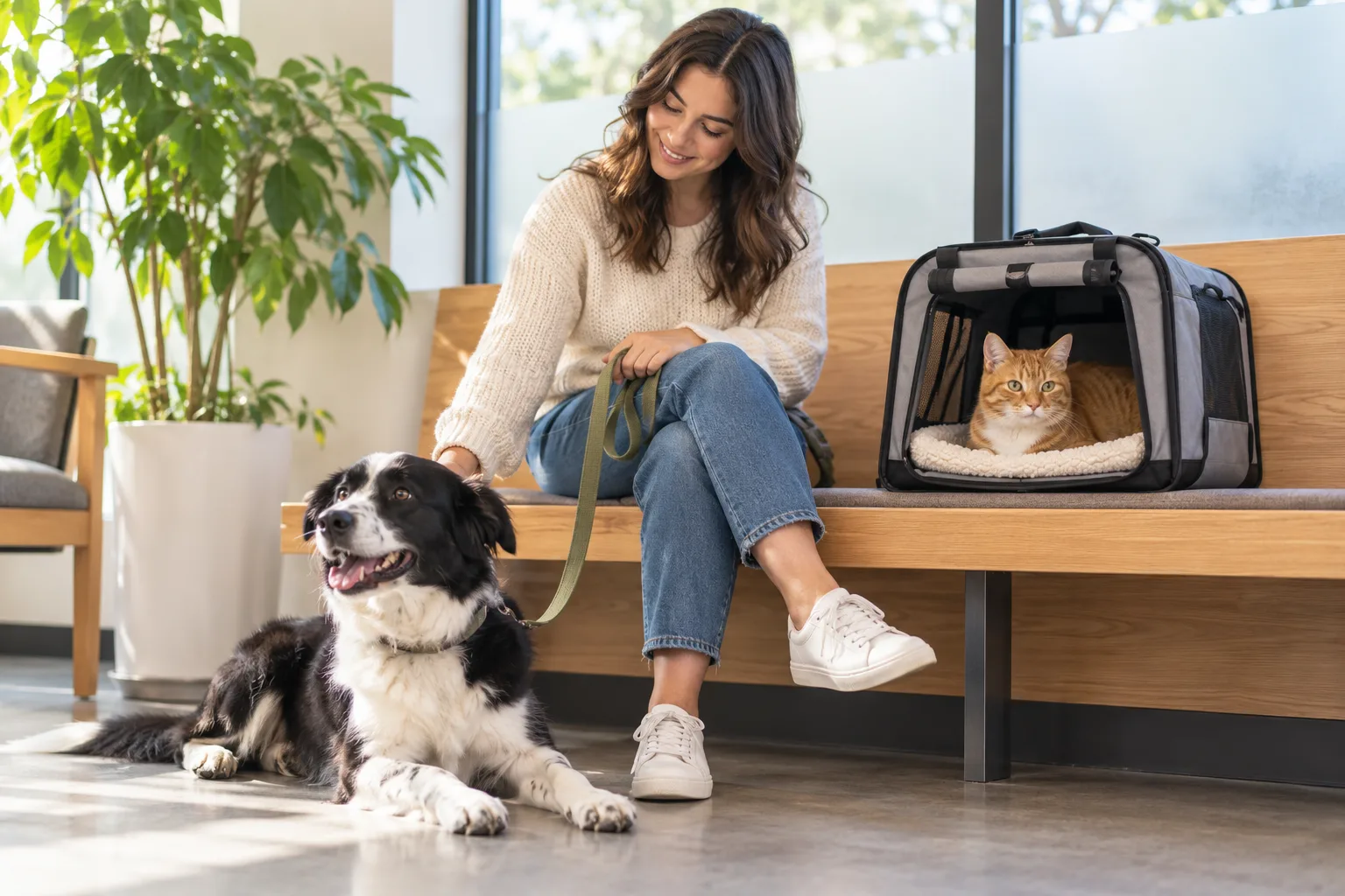 Owner with a dog and a cat resting in a carrier