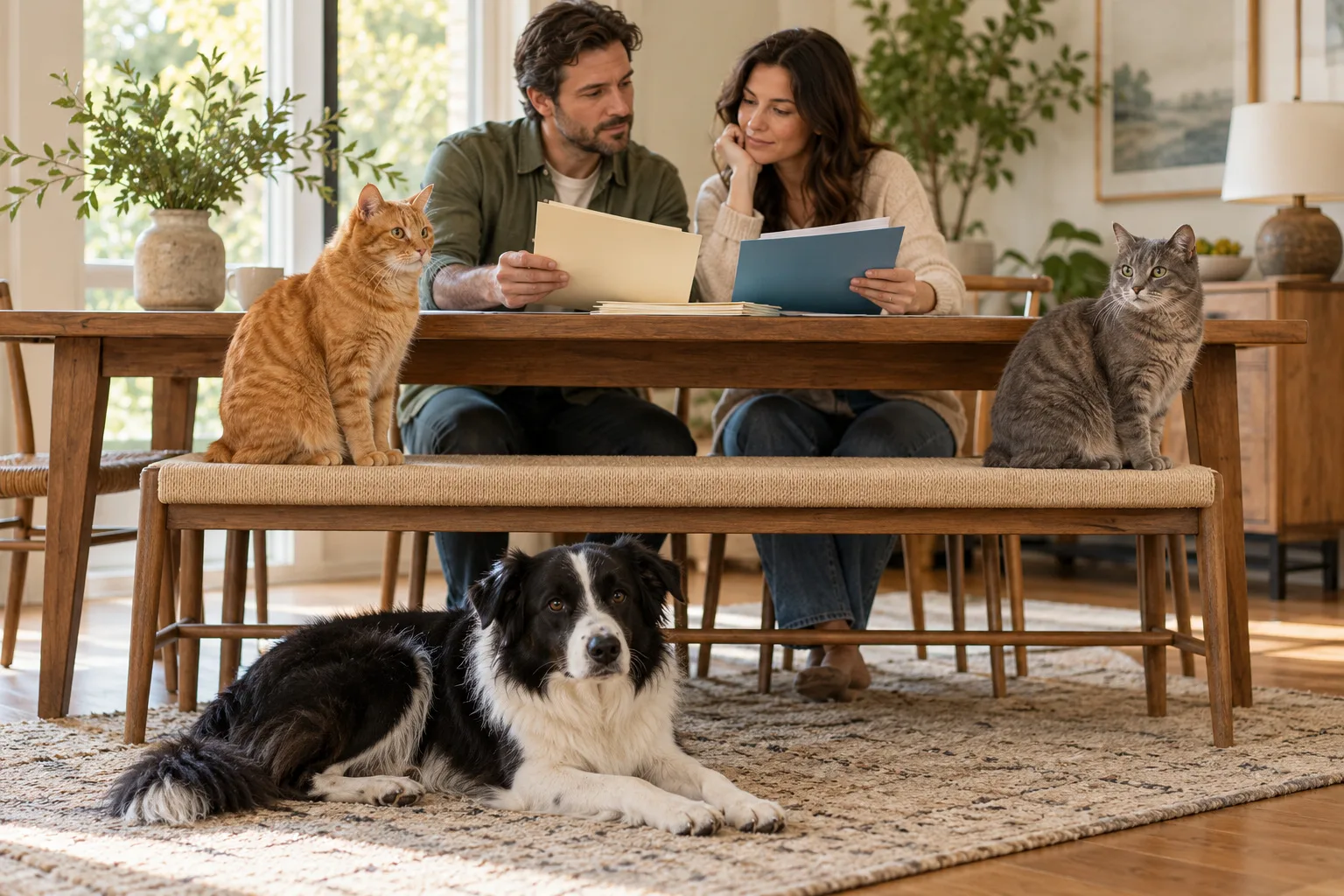 Two owners comparing folders behind two cats and a dog